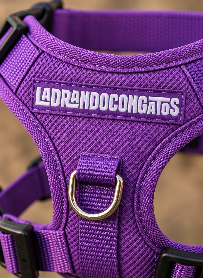 Arnés violeta para perro con el logotipo de LadrandoConGatos