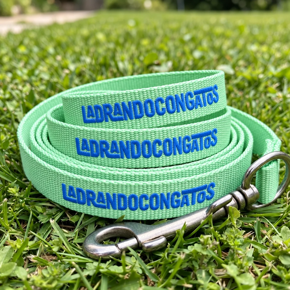 Correa verde con el logotipo de LadrandoConGatos sobre la hierba