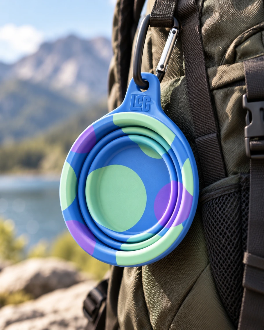 Cuenco plegable con los colores de LadrandoConGatos colgado de una mochila