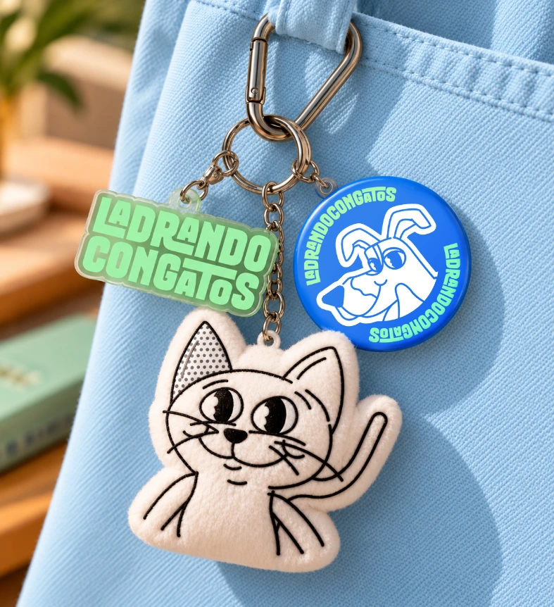 Llavero de LadrandoConGatos con el gato ilustrado y el logotipo