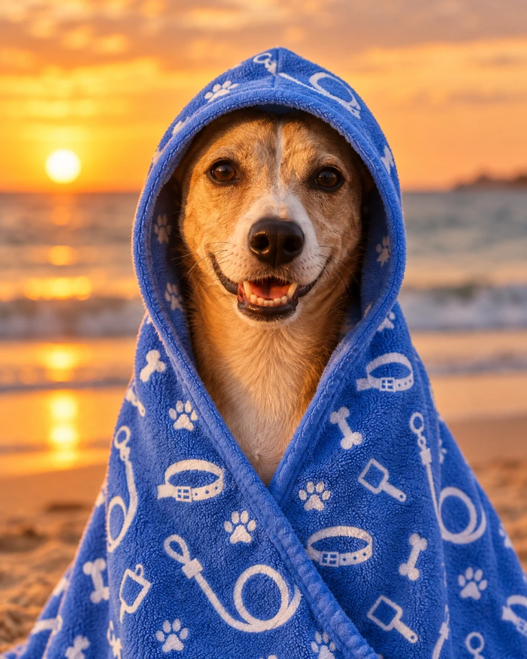 Perro envuelto en la toalla azul con huellas de LadrandoConGatos al atardecer