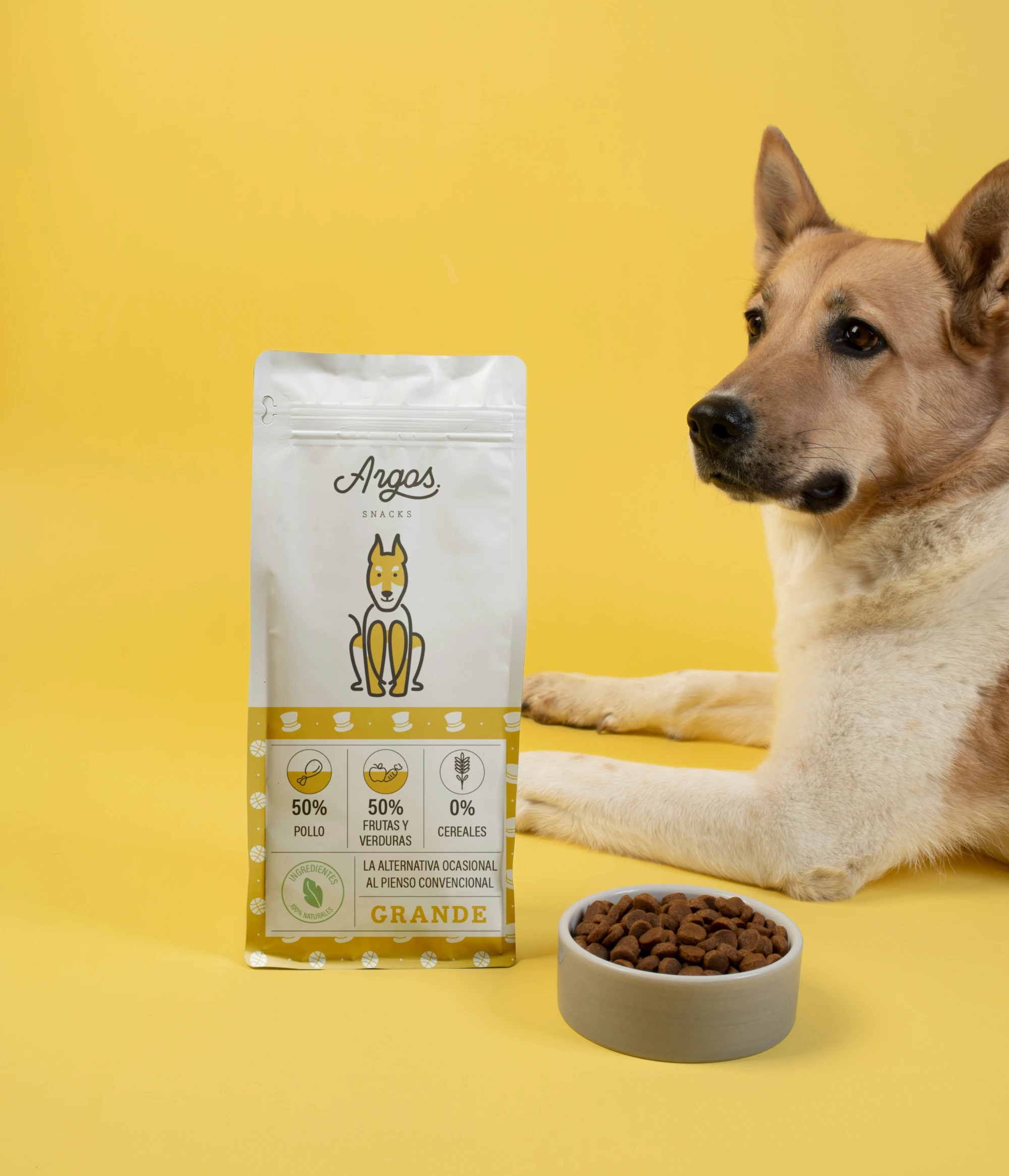 Bolsa grande de Argos junto a un perro y un cuenco de snacks