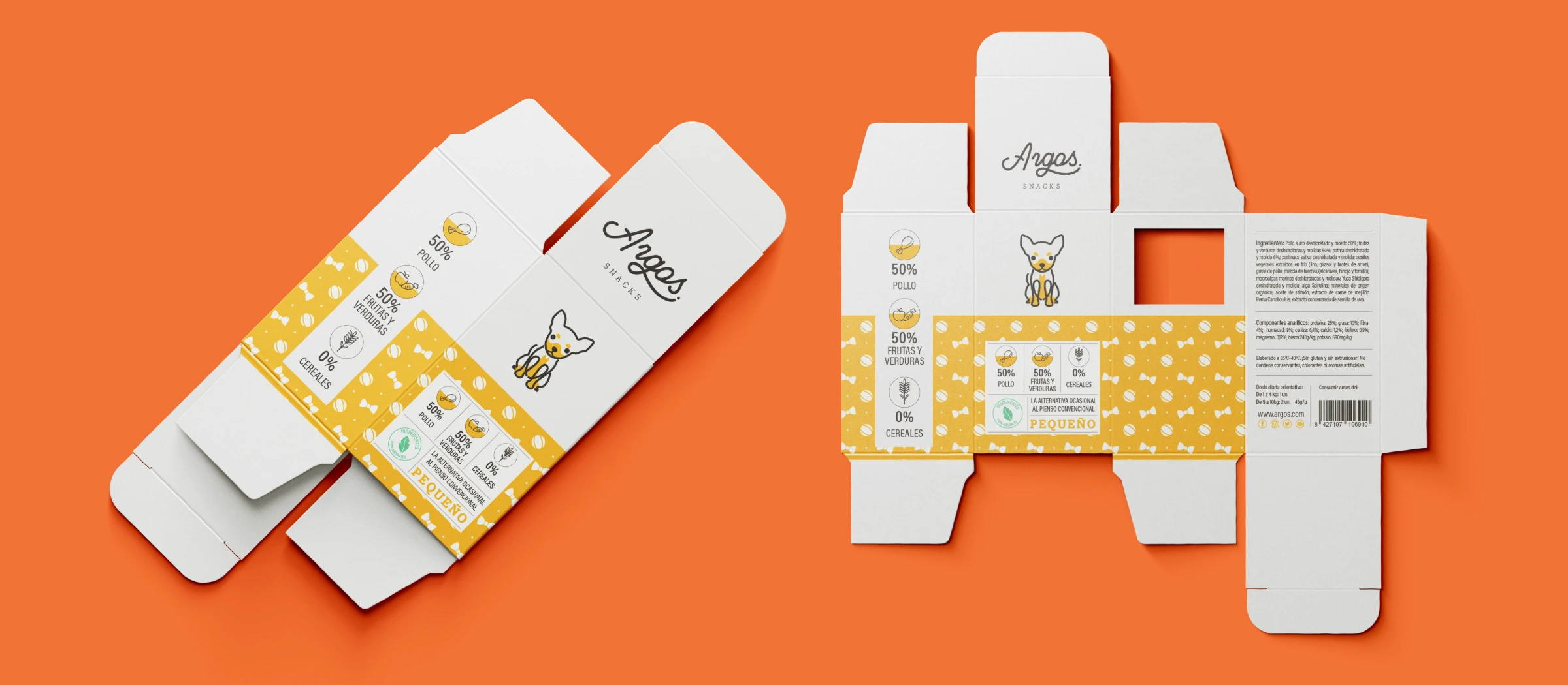 Caja de Argos Snacks desplegada y montada sobre fondo naranja