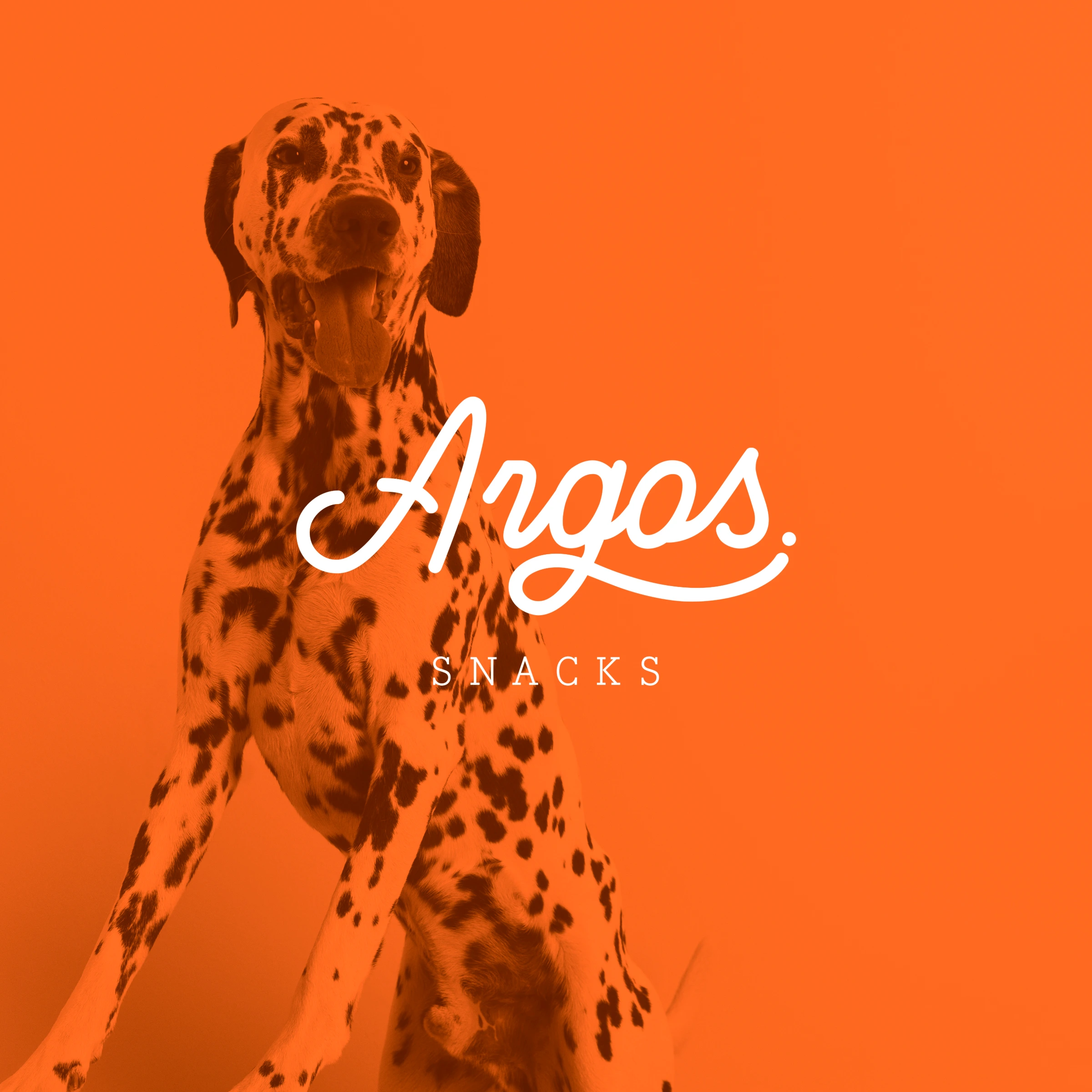 Dálmata con el logotipo de Argos Snacks sobre fondo naranja