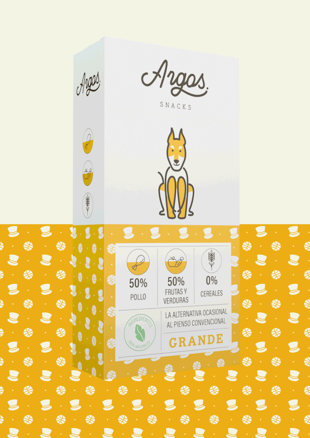 Caja de Argos Snacks grande sobre el patrón de sombreros de copa y pelotas