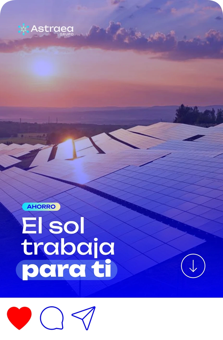 Diseño de carrusel de Instagram para Astraea con placas solares: «El sol trabaja para ti»