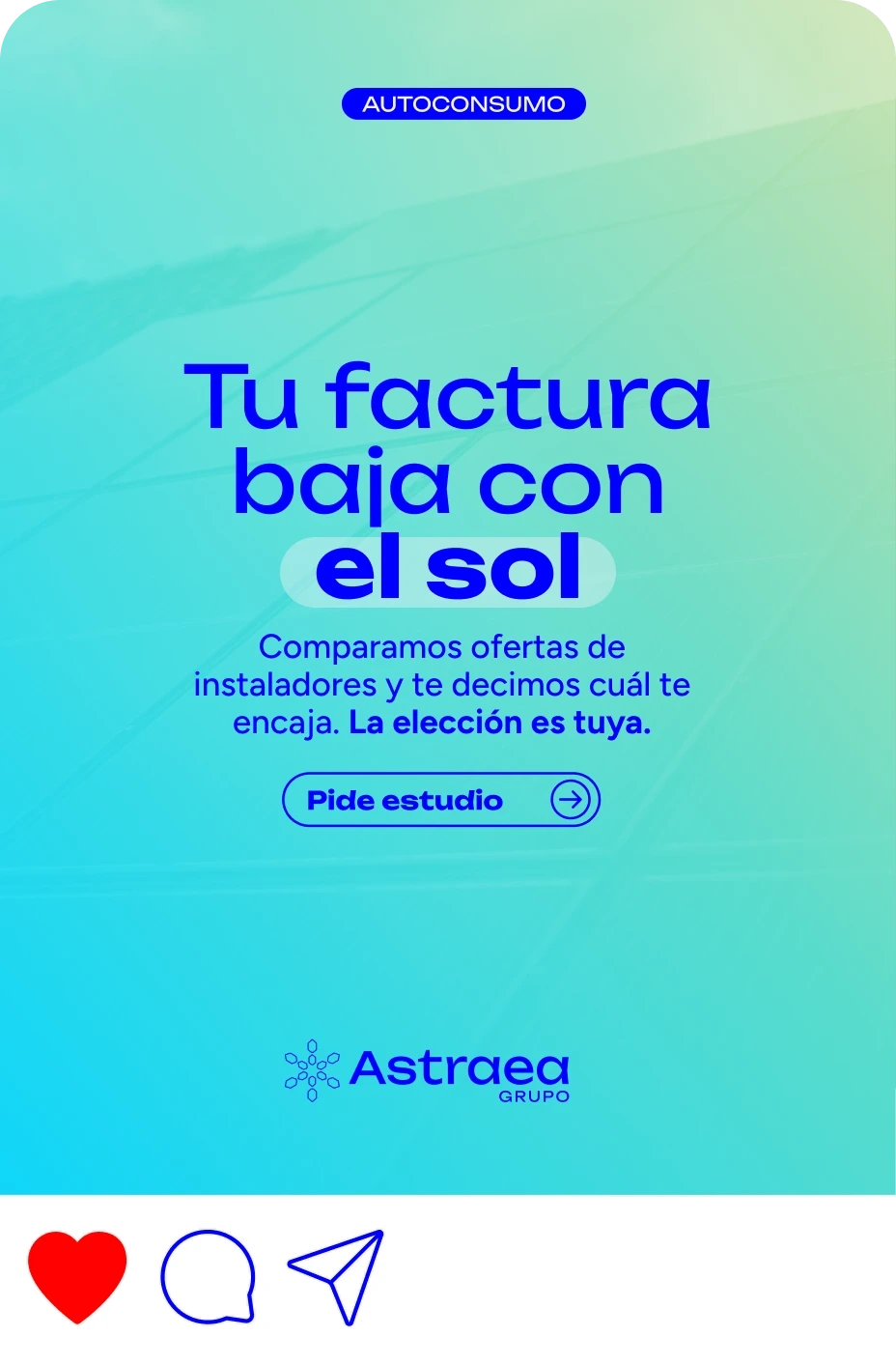 Diseño de carrusel de Instagram para Astraea: «Tu factura baja con el sol»