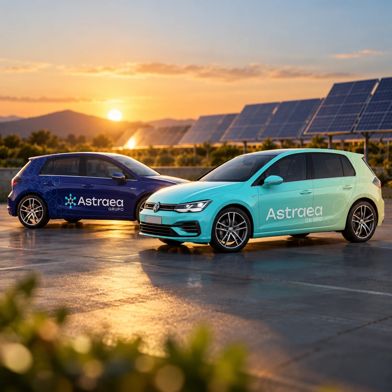 Dos coches de empresa de Astraea Grupo rotulados, uno azul con patrón hexagonal y otro turquesa en degradado, al atardecer junto a placas solares