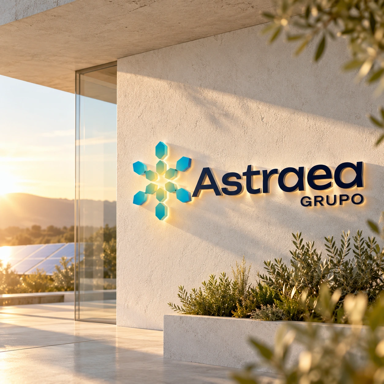 Fachada de oficina con el logotipo corpóreo de Astraea Grupo iluminado al atardecer junto a placas solares