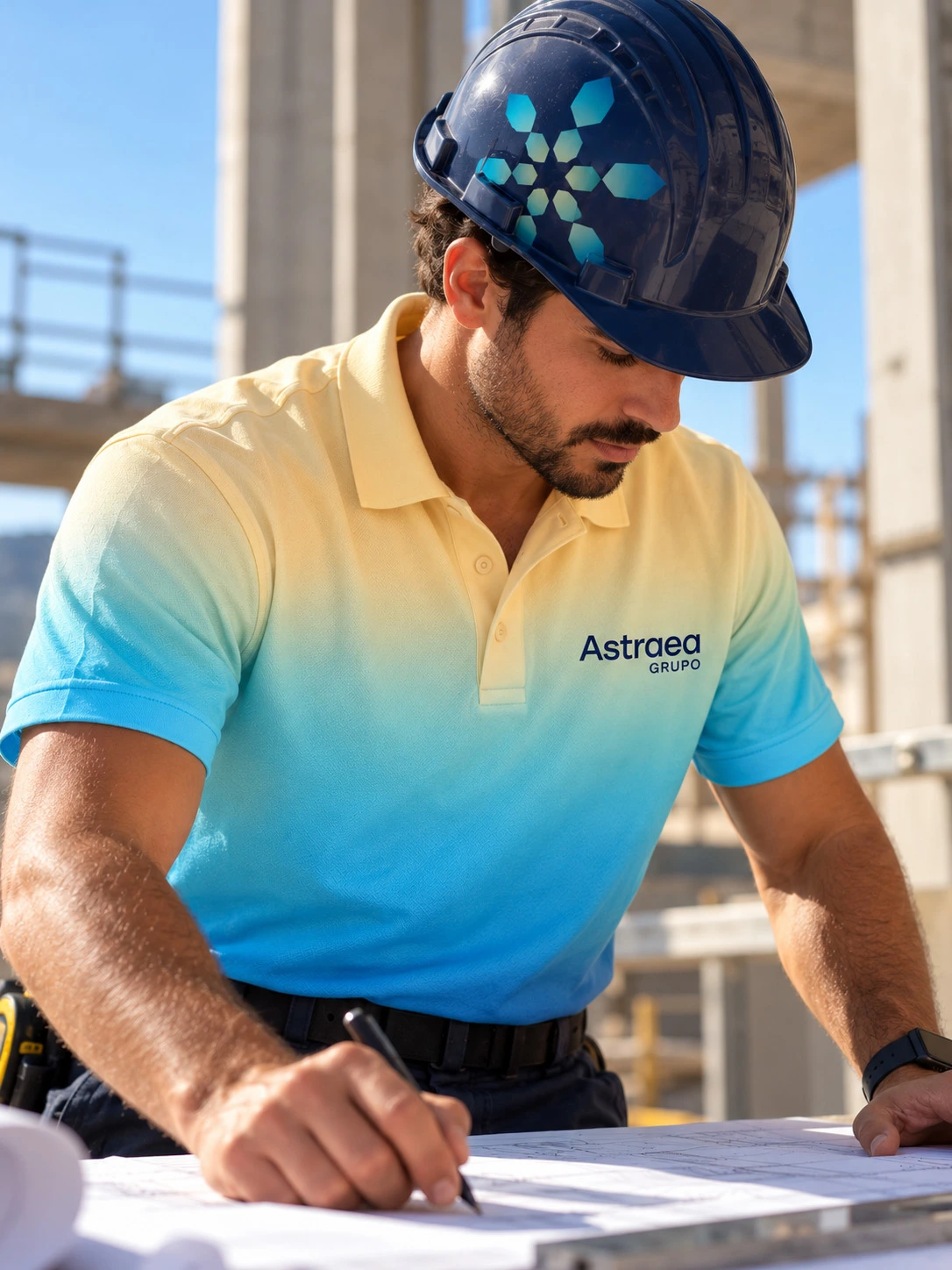 Ingeniero con casco azul marino con el isotipo de Astraea y polo en degradado de amarillo a azul con el logotipo de Astraea Grupo, revisando planos en obra