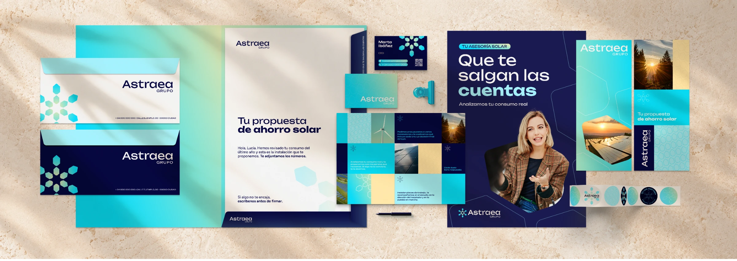 Diseño de papelería corporativa para Astraea Grupo: sobres, carpeta, carta y tarjetas, por Mairu Studio