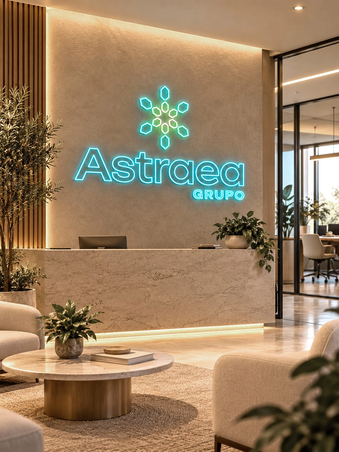 Recepción de oficina de Astraea Grupo con el logotipo en neón turquesa en una pared de piedra