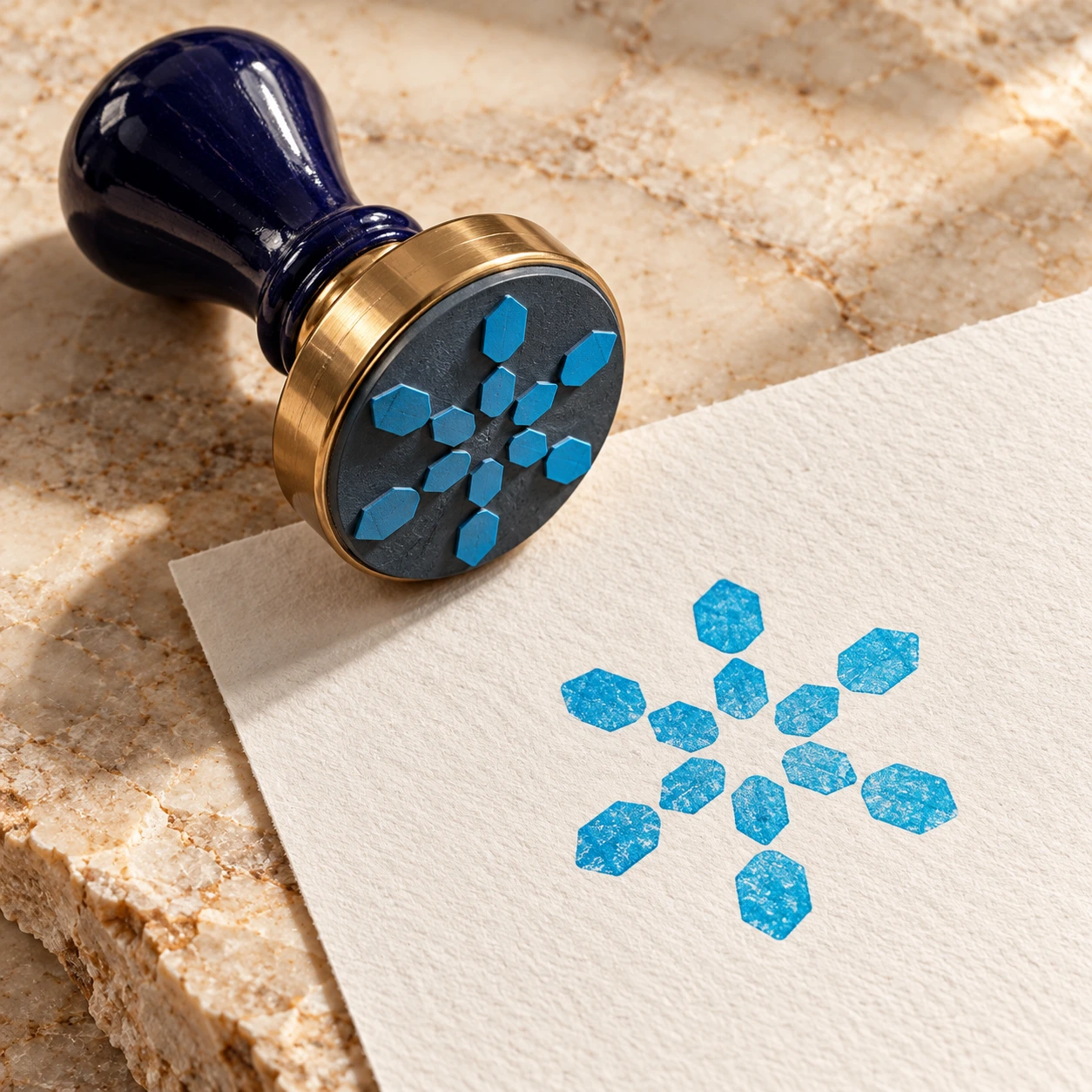 Sello de caucho con mango azul y el isotipo de Astraea estampado en azul sobre papel de algodón, sobre mármol