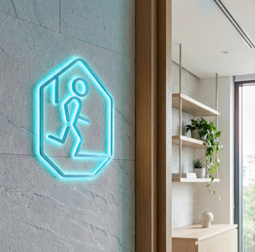 Señalética en neón de salida de emergencia para la oficina de Astraea, con la forma del isotipo