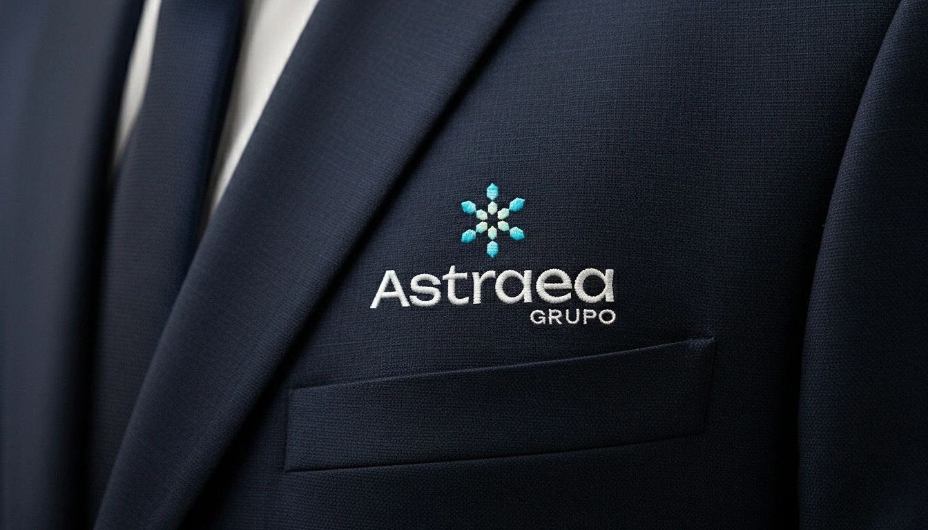Americana azul marino con el logotipo de Astraea Grupo bordado en el bolsillo