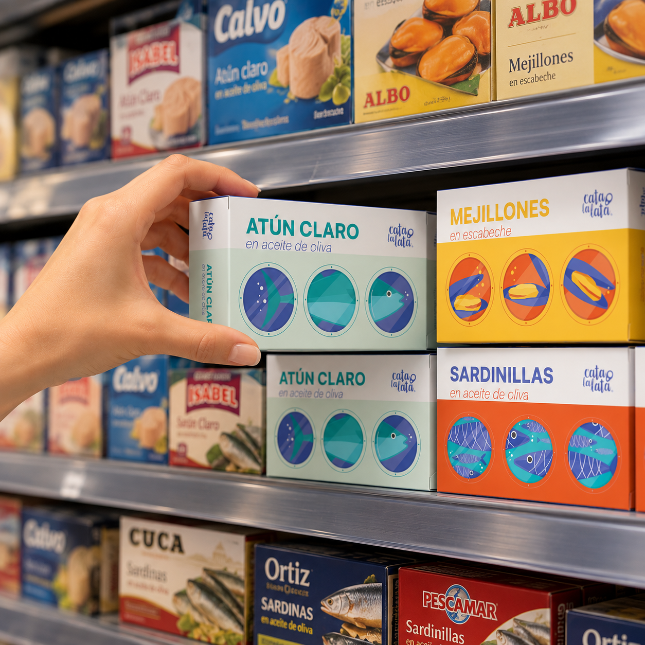 Una mano elige la caja de atún claro de Cata la Lata en el lineal del supermercado, junto a la de mejillones y la de sardinillas