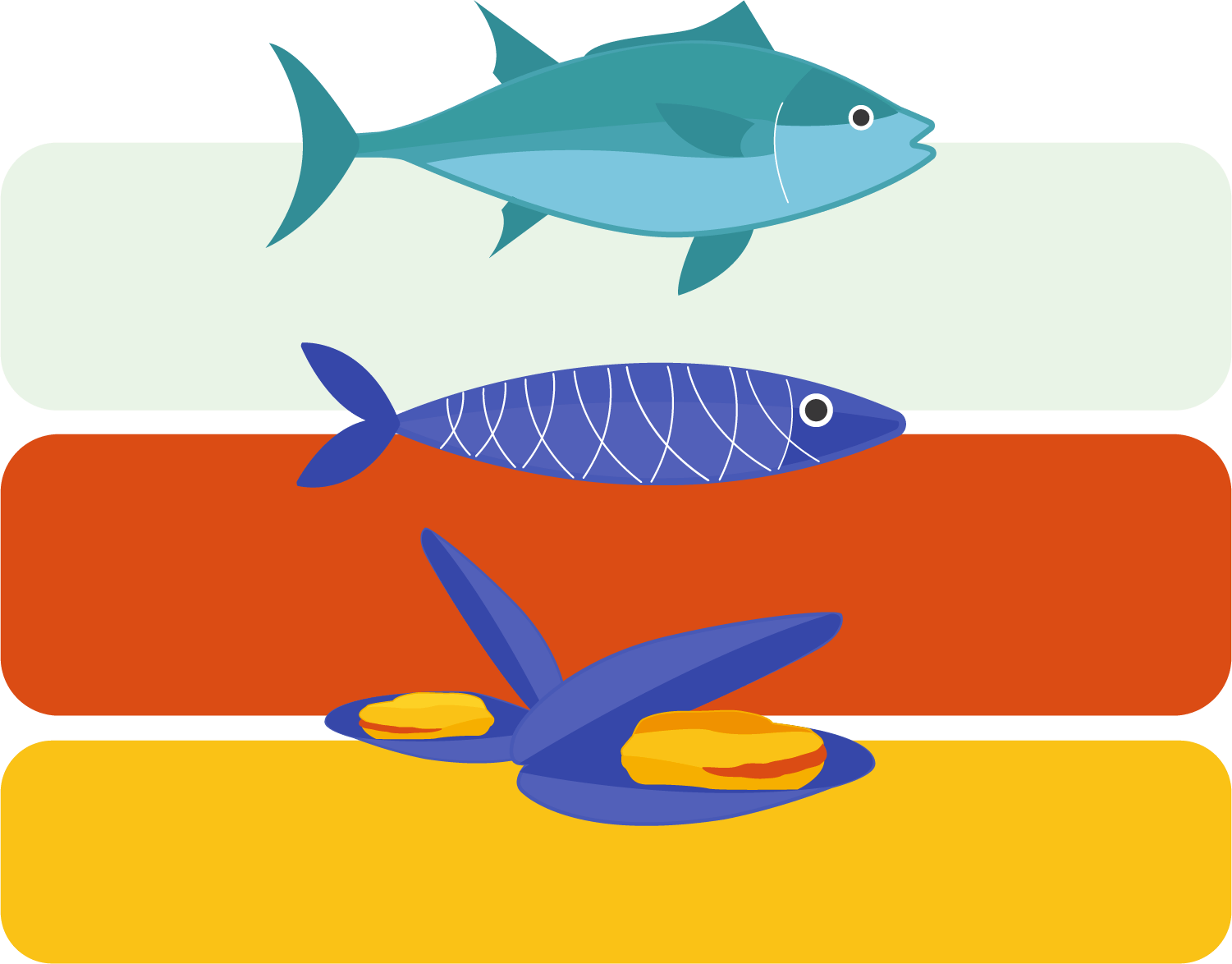 Ilustración del atún, la sardinilla y los mejillones de Cata la Lata
