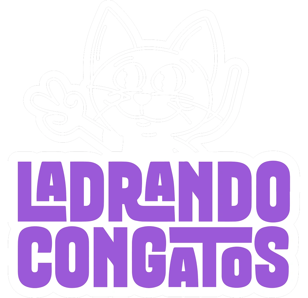 Versión vertical del logotipo de LadrandoConGatos sobre violeta