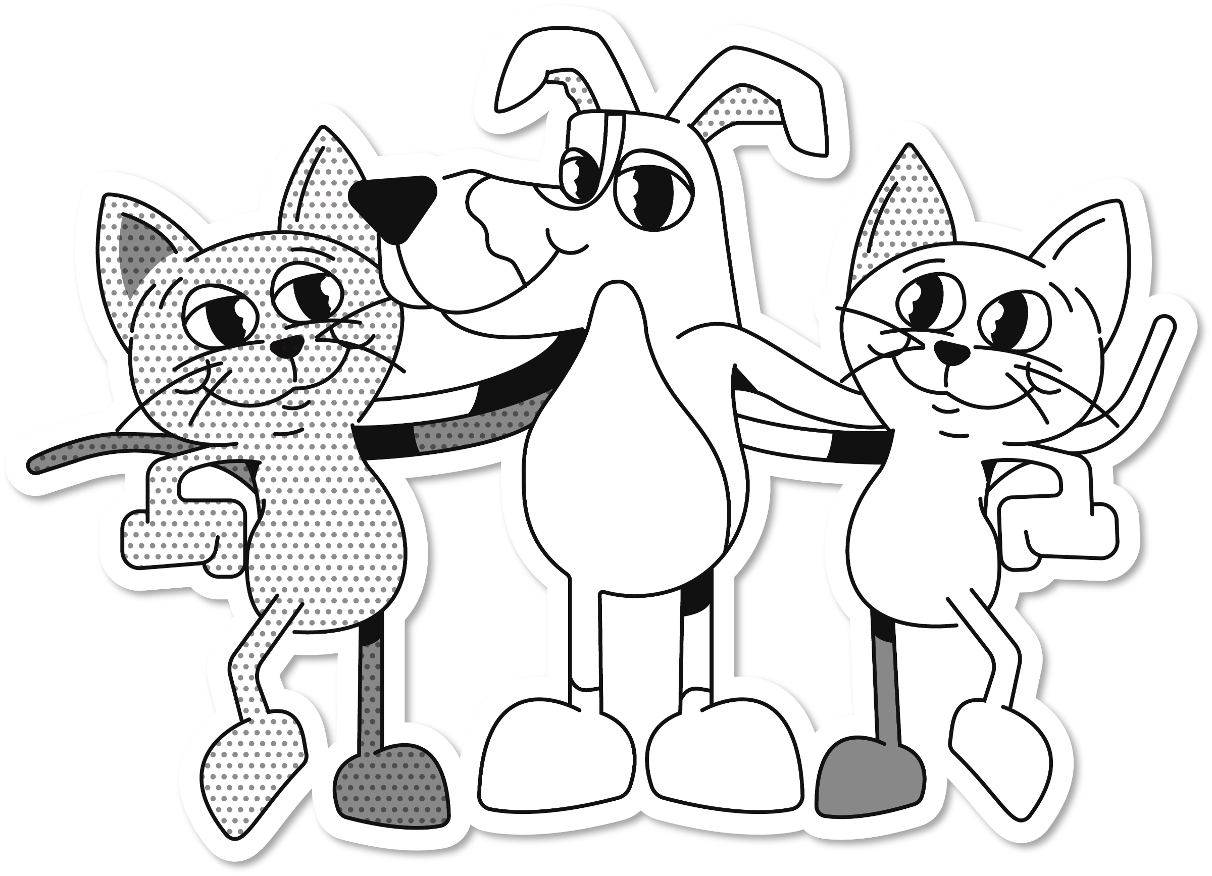 Sticker en blanco y negro con los tres personajes de LadrandoConGatos abrazados: un gato con trama de puntos, el perro en el centro y un gato blanco