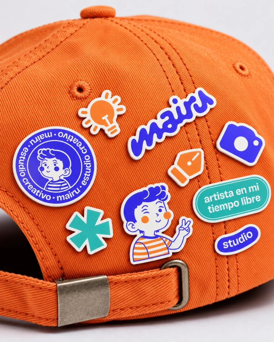 Gorra naranja de Mairu Studio vista por detrás, con pegatinas