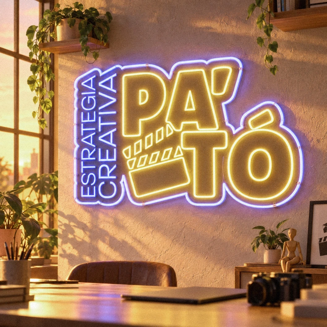 Neón con el logotipo de PA'TÓ y la frase «Estrategia creativa» en la pared de la agencia