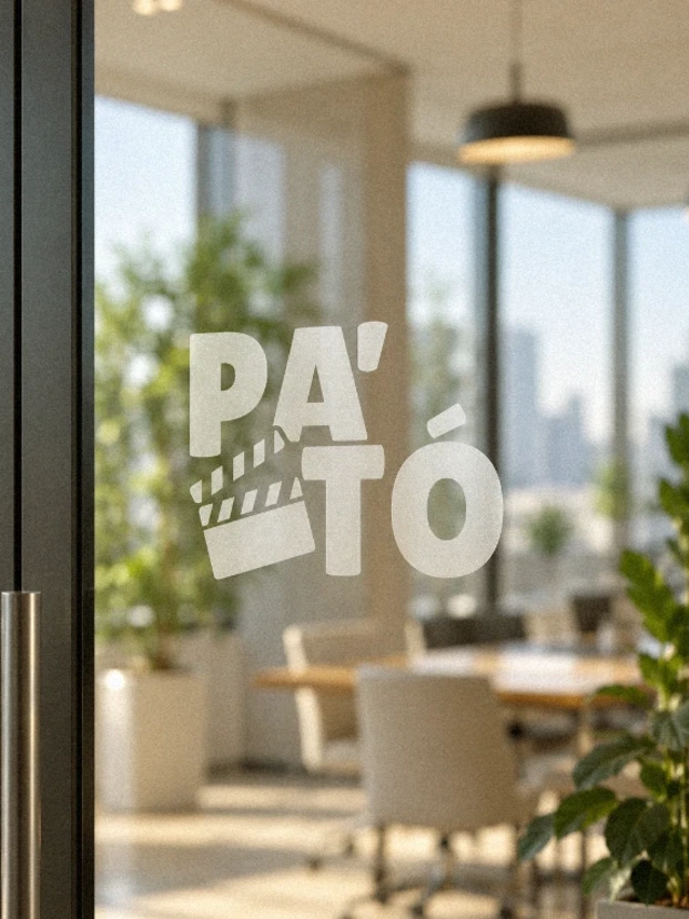 Vinilo del logotipo de PA'TÓ en la puerta de cristal de la oficina