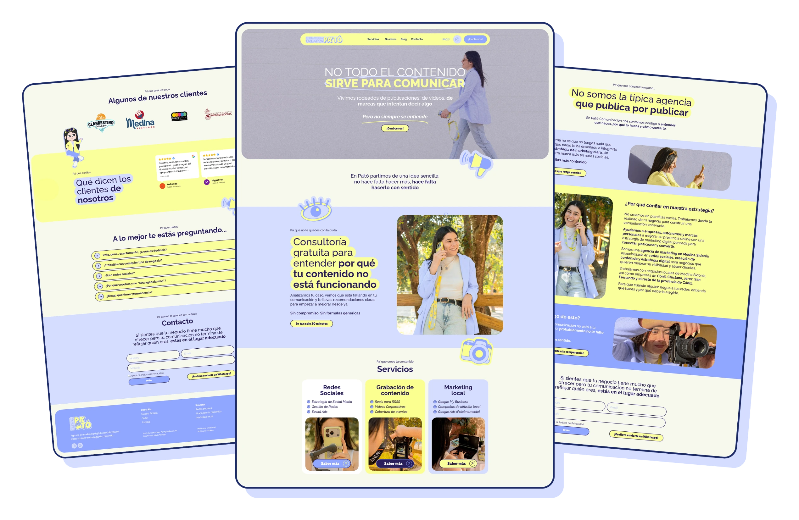 Diseño web de PA'TÓ Comunicación: portada de patocomunicacion.com, por Mairu Studio